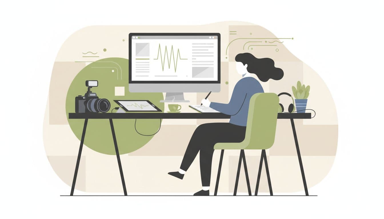 A desk displays creative tools including a camera, tablet, and notebook in a modern minimalist style.