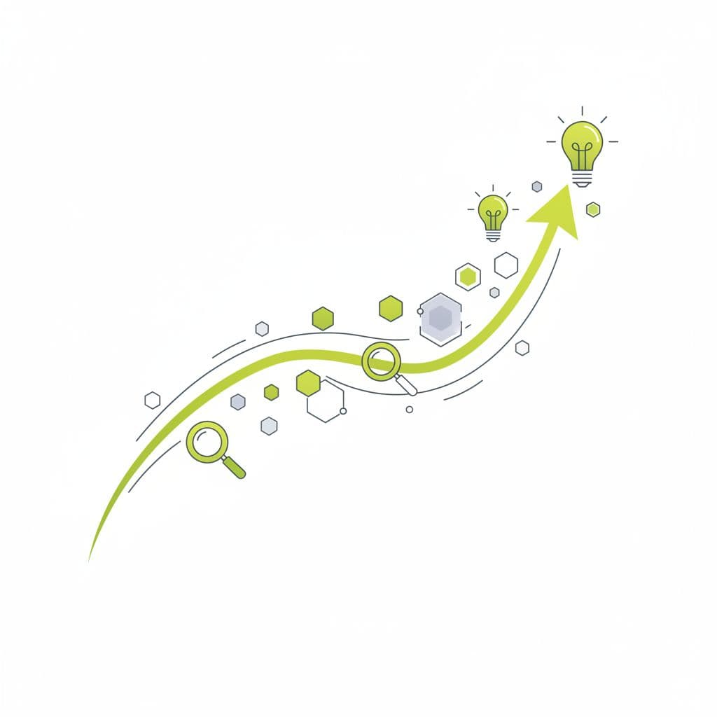 A rising growth graph connects to digital search icons and lightbulbs on a clean white background.