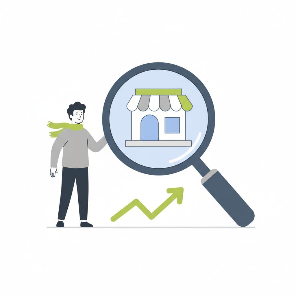 A person stands behind a large magnifying glass examining a simplified business storefront illustration.