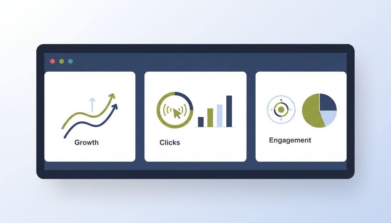 A digital screen displays minimalist graphs and icons representing business growth and engagement metrics.