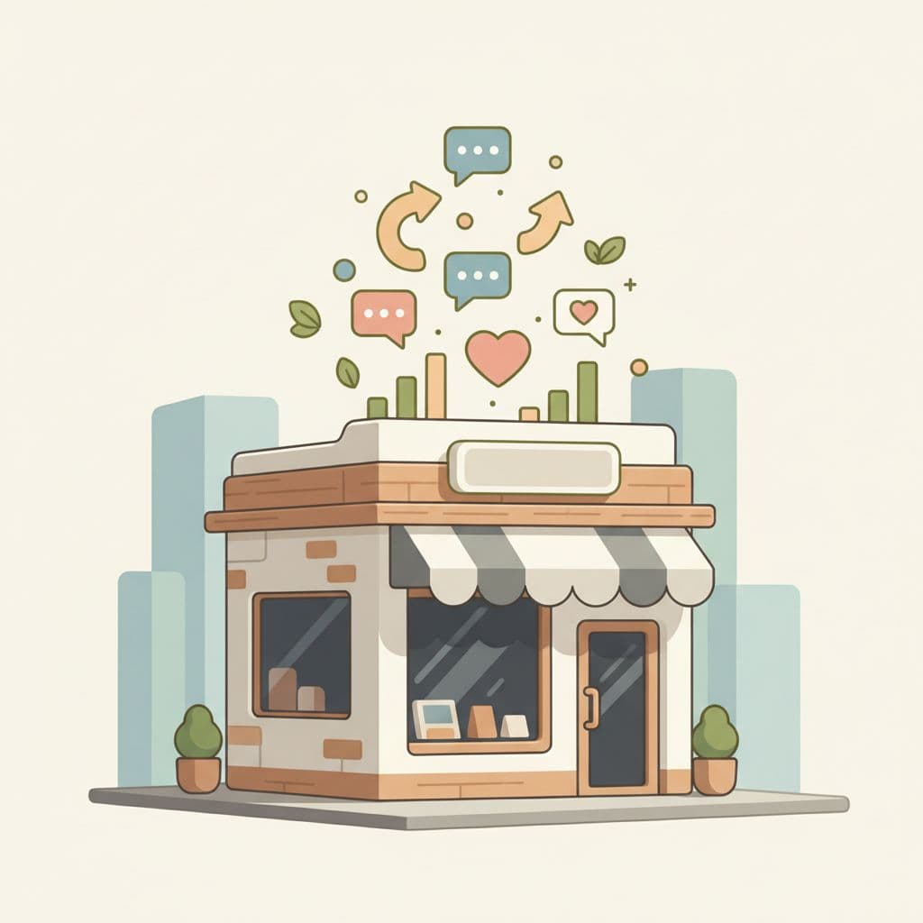 A local storefront features floating speech bubbles and heart icons representing social media engagement.