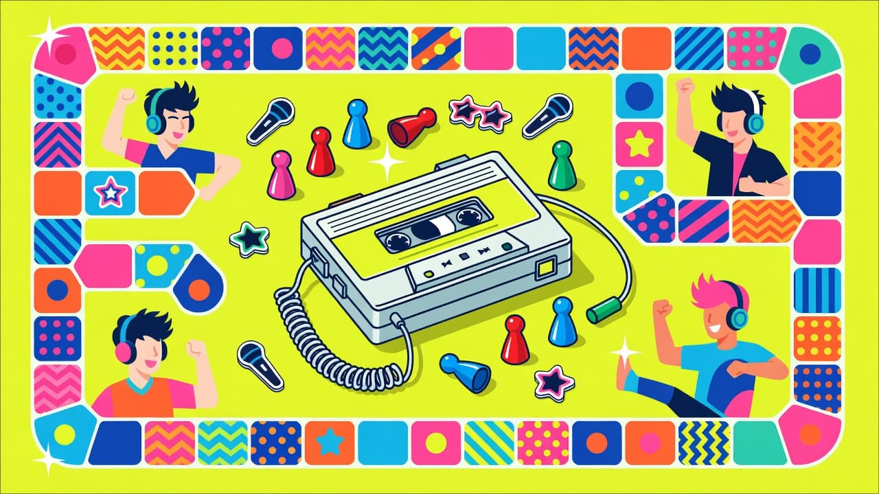 A vibrant yellow cassette player sits beside scattered colorful game pieces and a playful board game layout. Bold, clean shapes define these classic items against a bright and cheerful background setting.