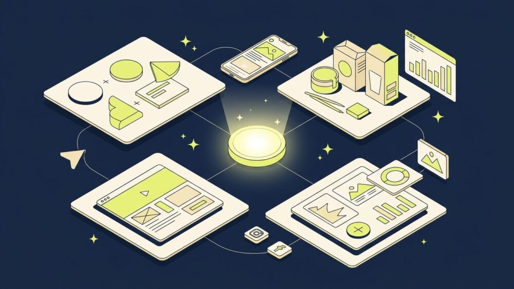 Geometric shapes and glowing media analytics icons arranged around a central strategic hub on a dark surface.