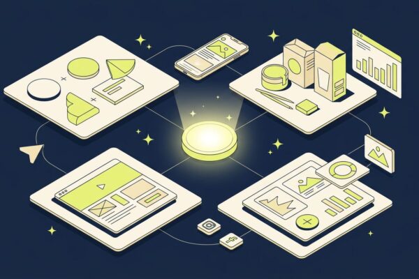 Geometric shapes and glowing media analytics icons arranged around a central strategic hub on a dark surface.