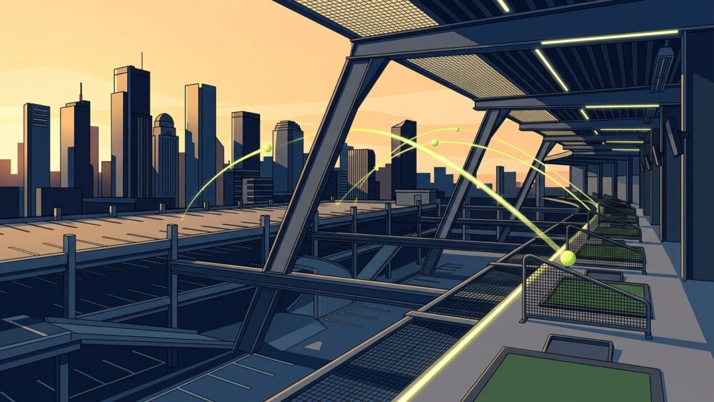 An elevated golf range overlooks the skyline as glowing balls arc through the evening sky.