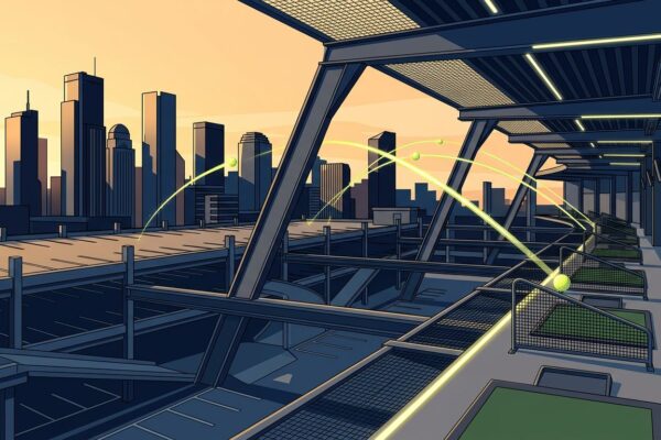An elevated golf range overlooks the skyline as glowing balls arc through the evening sky.