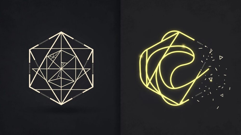 Split image showing a plain geometric mark beside a warmer logo with glowing yellow curves.