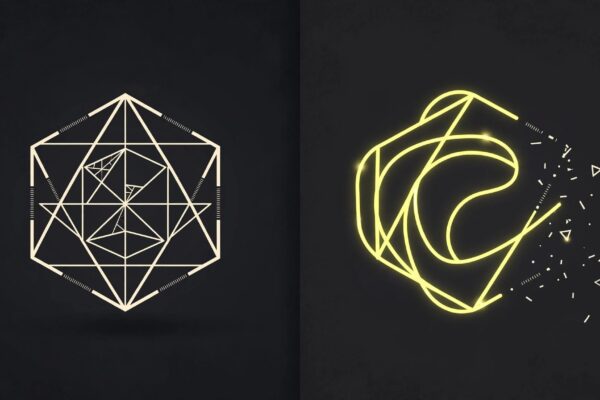 Split image showing a plain geometric mark beside a warmer logo with glowing yellow curves.